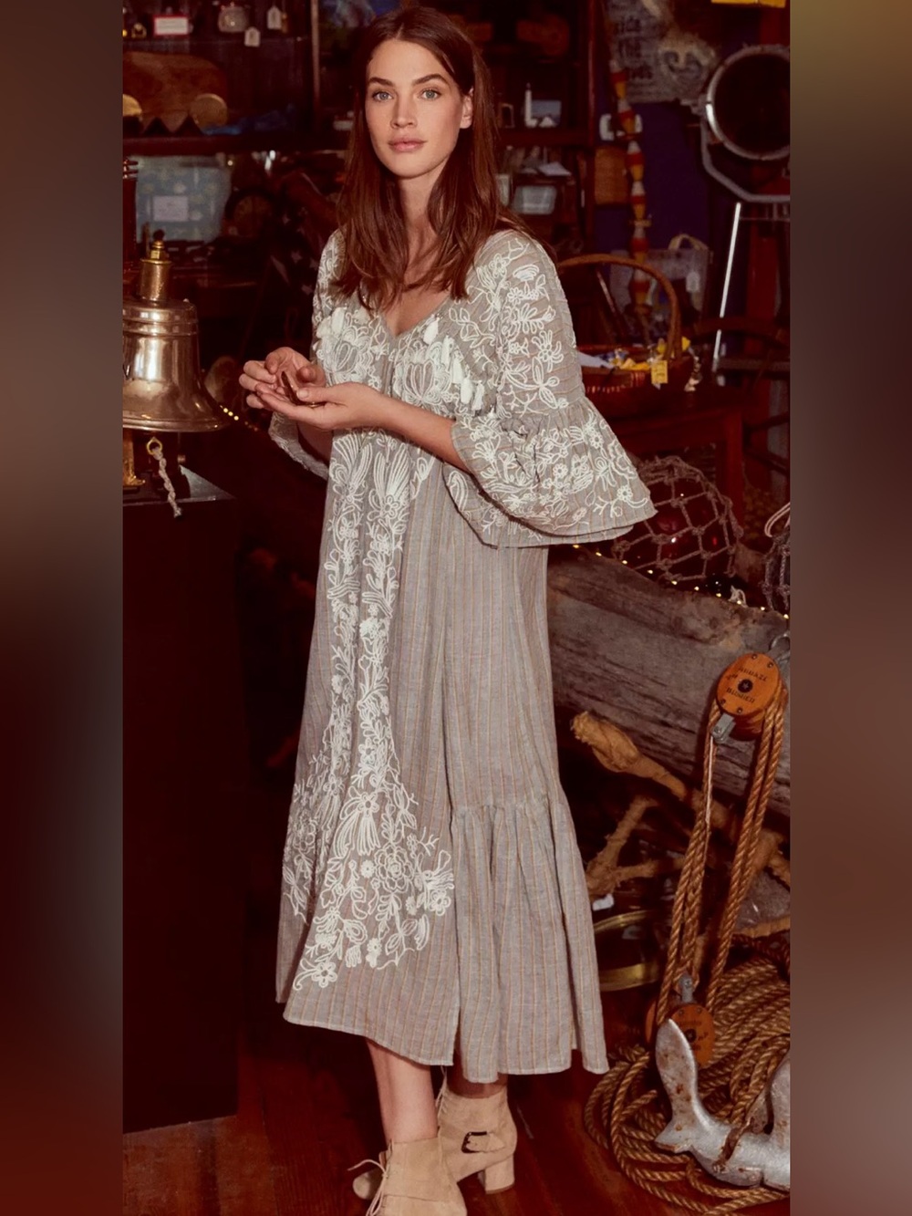 Anthropologie Maeve Tisdale Embroidered Tassel Boho Maxi Dress